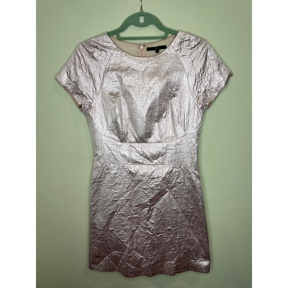 Tibi Pink Metallic Jacquard Mini Dress Short Sleeve sz 4 - Picture 2 of 7